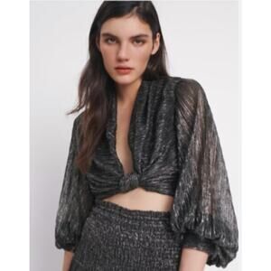 NWT Zara Metallic Lantern Sleeve Crop Top Silver Glam Long Sleeve Size XS